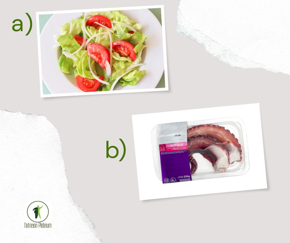 Ensalada de tomate y lechuga con pulpo al ajillo.